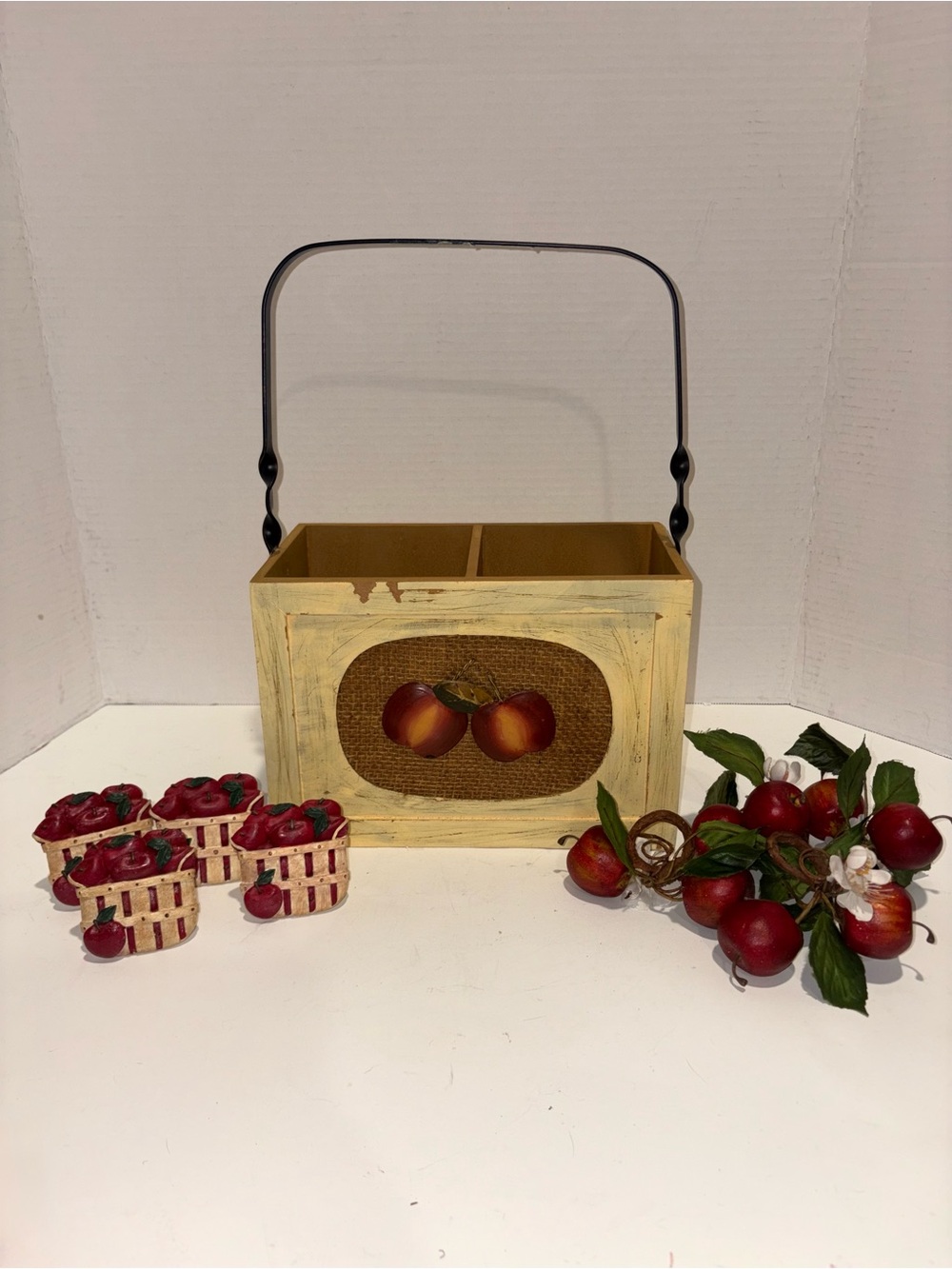 Rustic Cream Wooden Apple Caddy Black Metal Handle, two sets of napkin rings